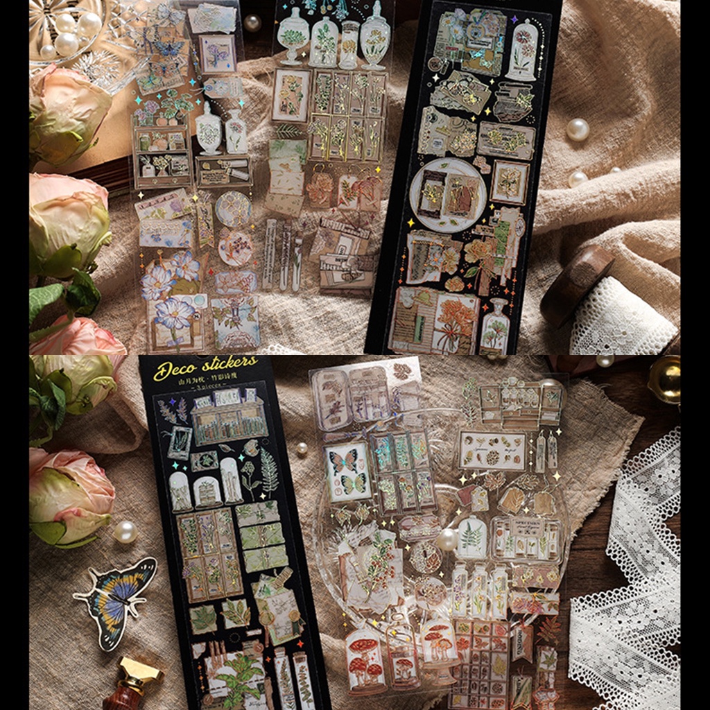 Set 3 tấm sticker PET lấp lánh mẫu các loại văn phòng phẩm lấp lánh