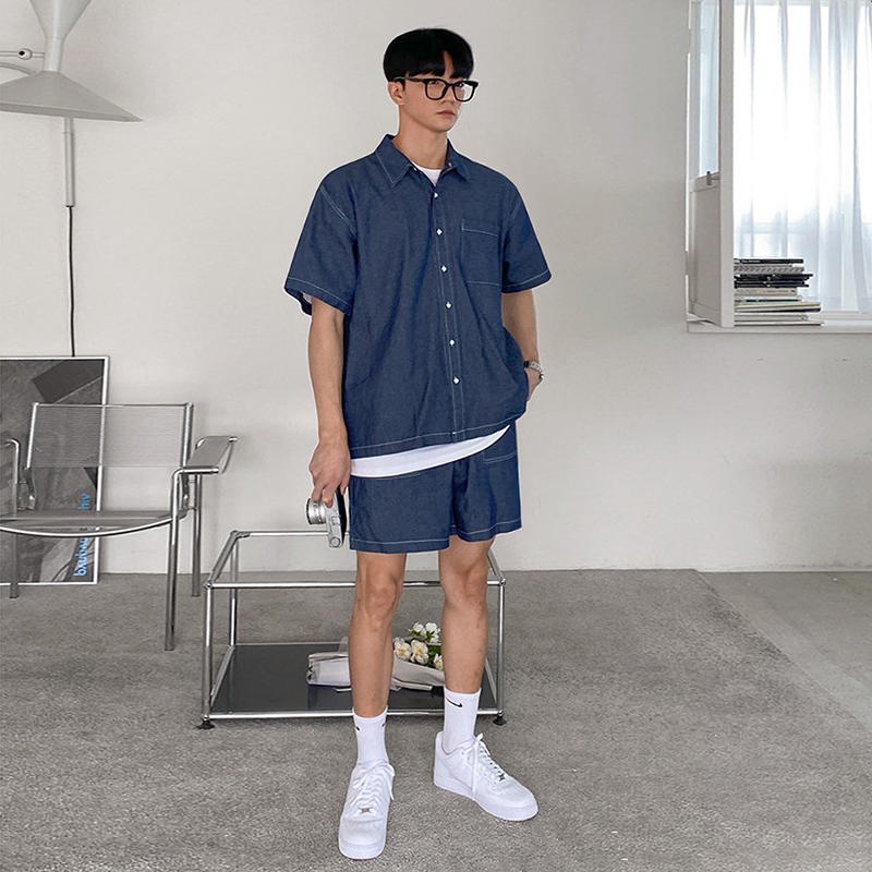 Bộ Đồ Nam Áo Sơ Mi Denim Tay Ngắn, Quần Short Nam Jean Ống Rộng Set Ao Khoác Nam Quần Đùi Bò Retro Kiểu Hàn Quốc SD003