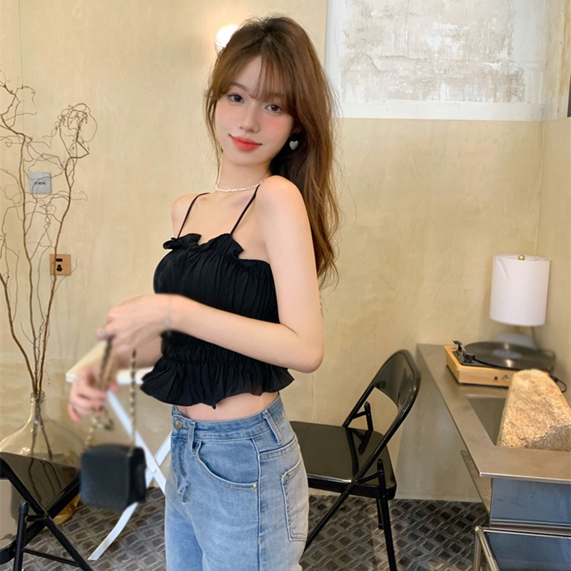 Áo Hai Dây Mỏng Co Giãn Xếp Ly Màu Trơn Thời Trang Mùa Hè Hàn Quốc Felicelife