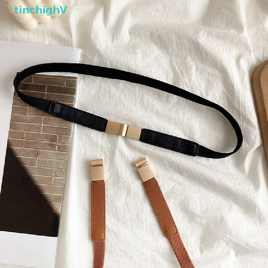 Thắt Lưng Da Bản Nhỏ Co Giãn Có Khóa Cài Màu Vàng Thời Trang Cho Nữ
