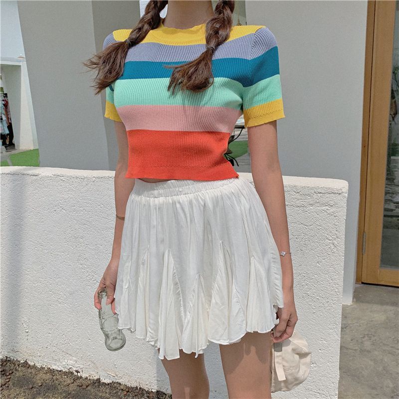 Áo Thun Crop Top Tay Ngắn Họa Tiết Kẻ Sọc Cầu Vồng Phong Cách Hàn Quốc Cổ Điển Thời Trang Xuân Hè 2023 Dành Cho Bạn Nữ