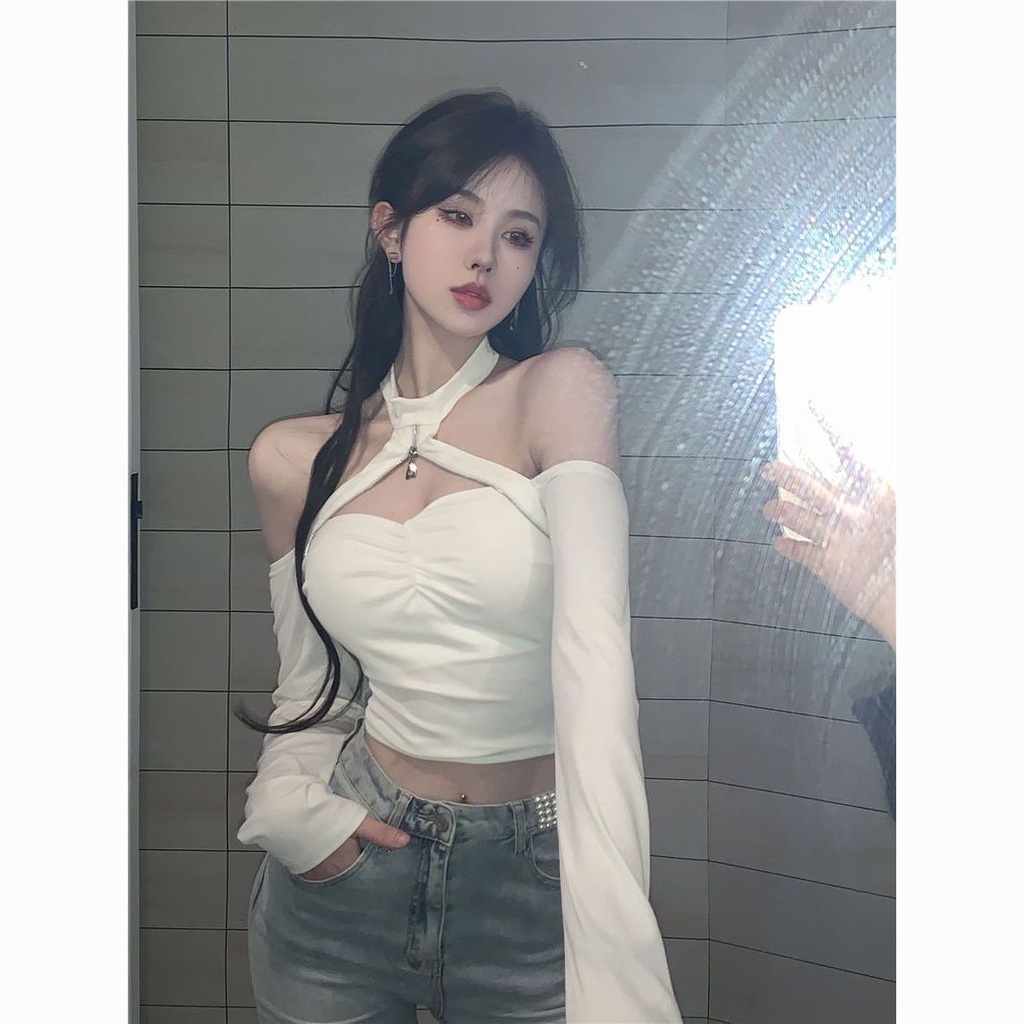 COZOK Áo Thun Tay Dài Trễ Vai Màu Sắc Đơn Giản Quyến Rũ