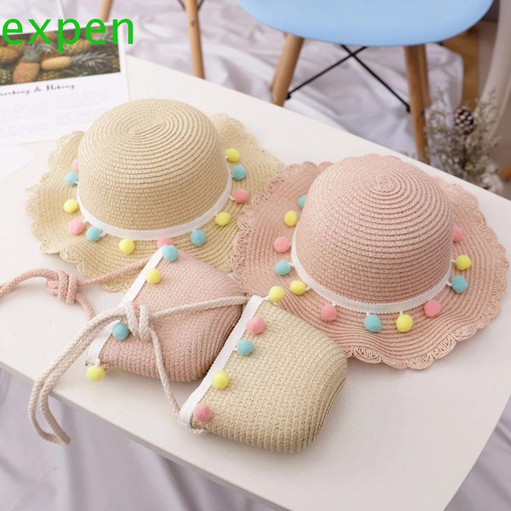 Mũ xô và túi xách tay dệt rơm mềm mại thời trang đi biển nhiều màu sắc dành cho bé gái