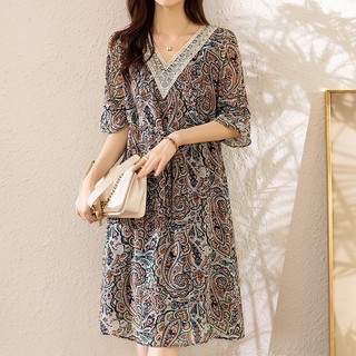 Đầm Chiffon Dáng Rộng Cổ Chữ V In Họa Tiết Hoa Phong Cách Dân Tộc Cổ Điển Thời Trang Cho Nữ