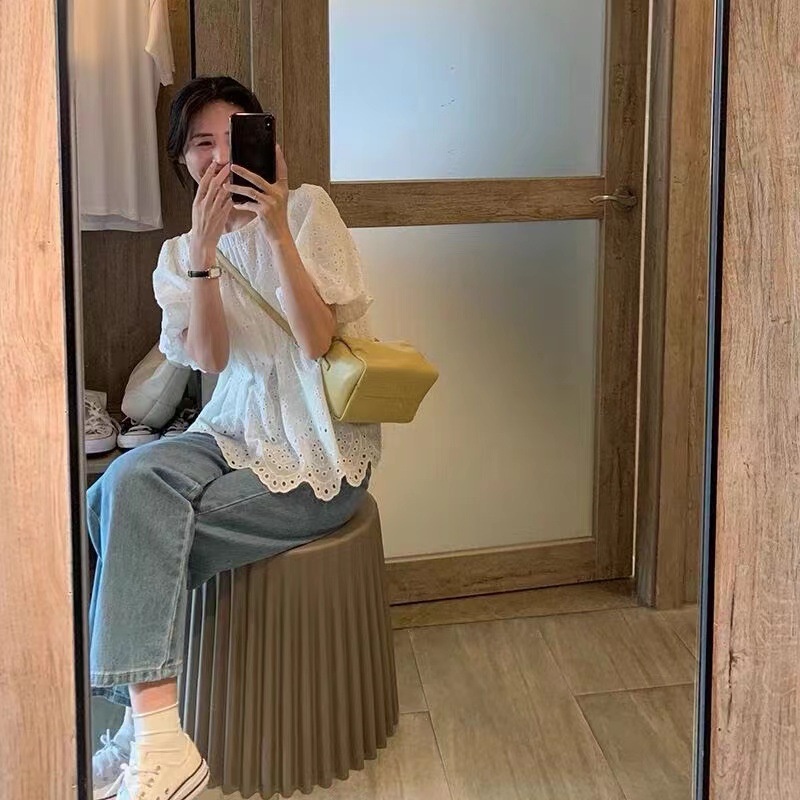 Áo Sơ Mi Tay Ngắn Phồng Thêu Họa Tiết Thời Trang Mùa Hè 2023 Cho Nữ