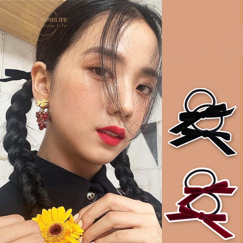 1 Dây Buộc Tóc Cao Su Thắt Nơ Phối Nhung Đen Đỏ Phong Cách Hàn Quốc Cho Nữ