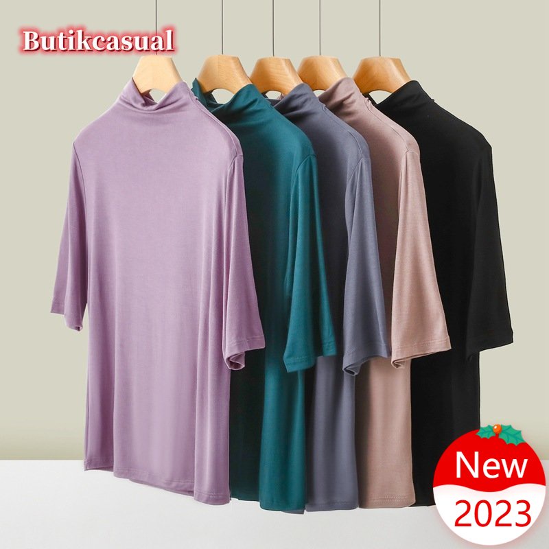 Áo Thun cotton Cổ Cao Tay Lửng Dáng Rộng Màu Trơn Thời Trang Hàn Quốc Cho Nữ