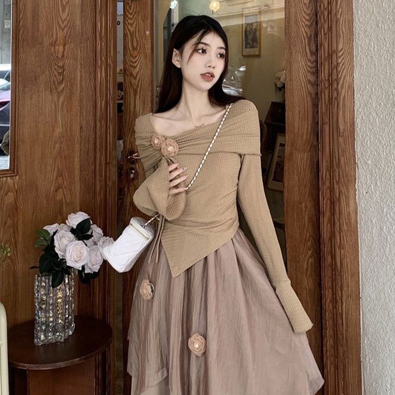 HUIZUMEI Áo Khoác Dáng Dài Phối Chân Váy Dài Lệch Tà Kiểu Phương Tây Cao Cấp Cho Nữ