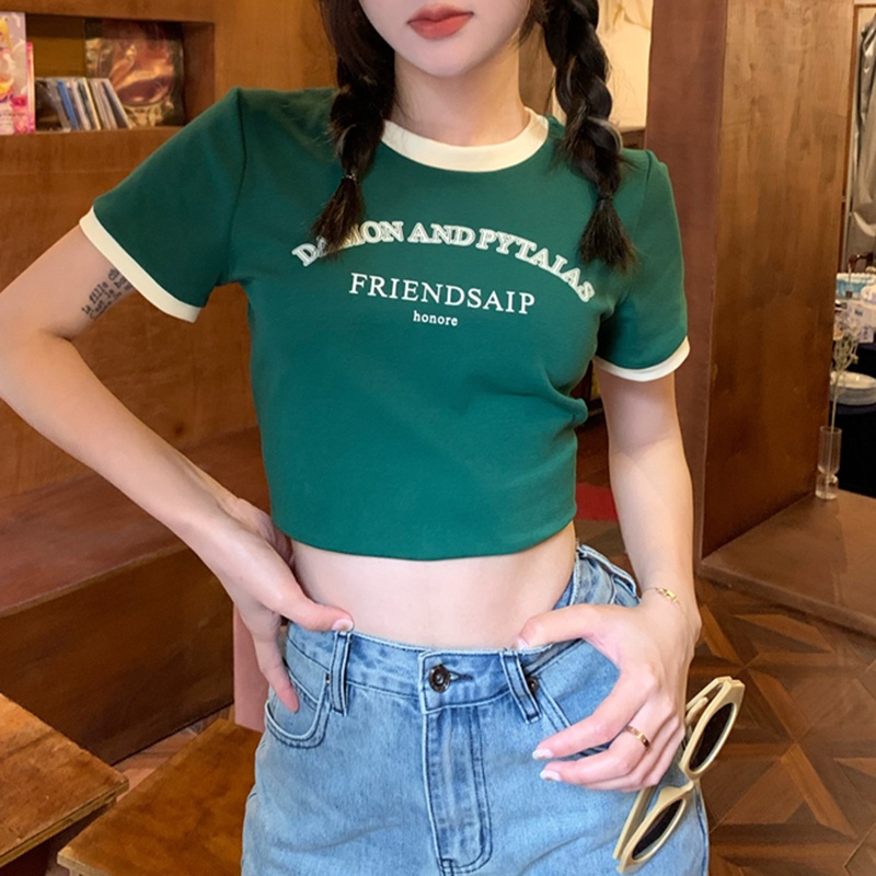 IELGY Áo Thun Cổ Tròn In Họa Tiết Màu Sắc Tương Phản Thời Trang Cho Nữ