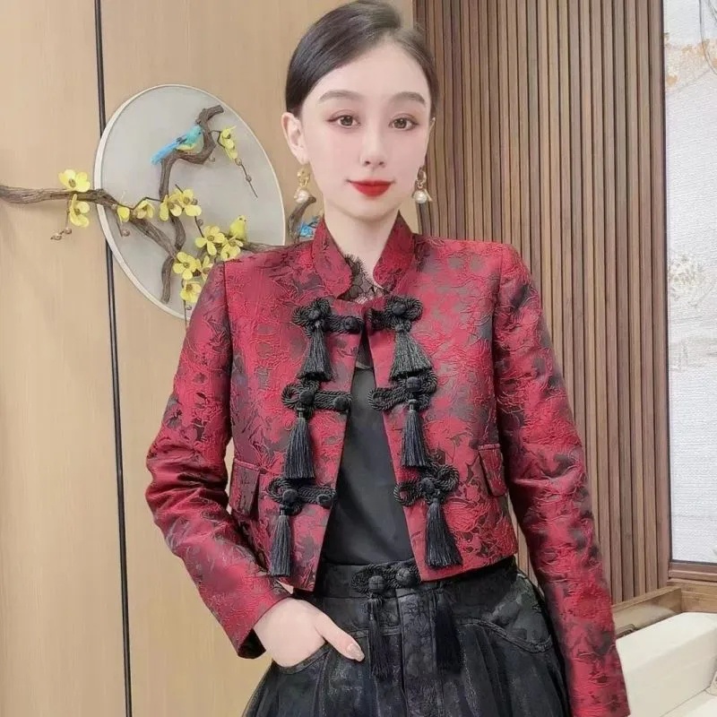 Set Áo Khoác Và Chân Váy Thiết Kế Tua Rua Phong Cách Retro Cho Nữ