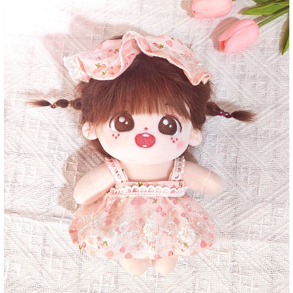 Búp Bê Mặc Váy Yếm Kèm Mũ Vải Cotton 20cm Thiết Kế Dễ Thương Cho Bé