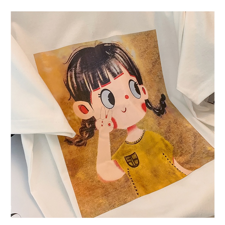 Áo thun FASHMILY 100% cotton tay ngắn dáng rộng cổ tròn họa tiết hoạt hình phong cách Hàn Quốc thời trang mùa hè cho nữ