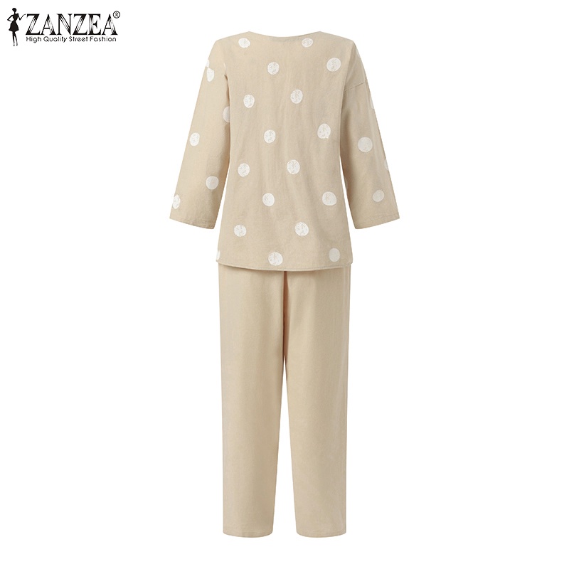 ZANZEA Bộ Áo Tay Lửng 3 / 4 + Quần Dài Chấm Bi Lưng Thun Thời Trang Cho Nữ