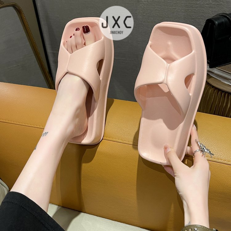 JINxCHOY Dép Đi Biển Mũi Tròn Màu Trơn Đế Dày Chống Trượt Thời Trang Đường Phố