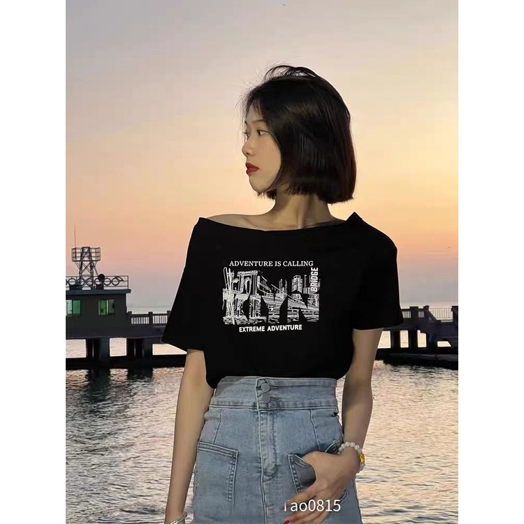 Áo Thun Nữ Trễ Vai Tay Ngắn Dáng Rộng In Hình Thời Trang Mới