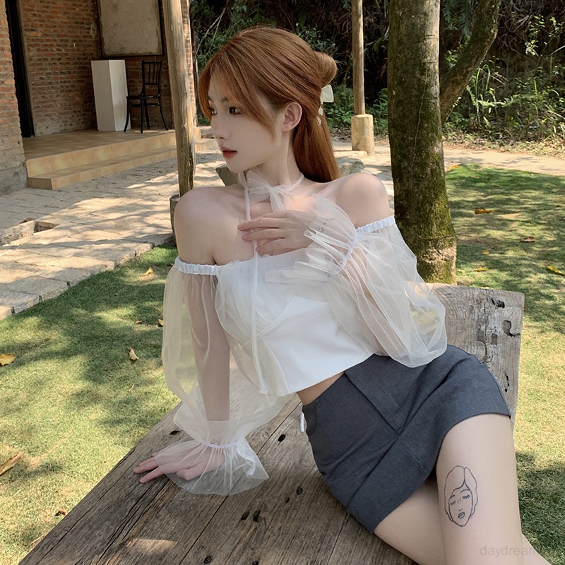 Áo Croptop Trễ Vai Tay Phồng Phối Lưới Thời Trang Hàn Quốc Cho Nữ