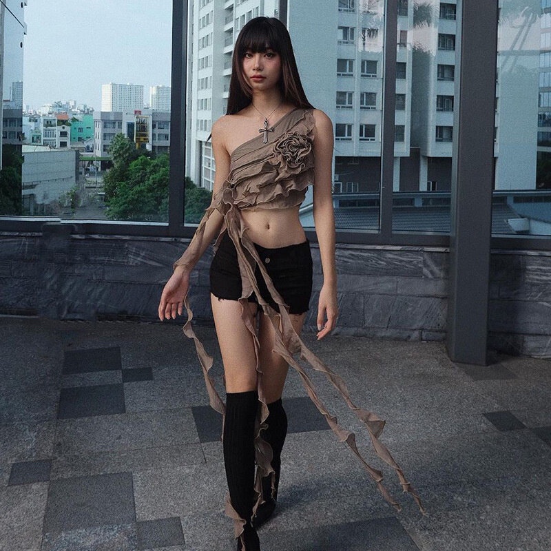 Áo Hai Dây Mỏng Ghép Vải In Hoa 3D Phối Bèo Thời Trang Mùa Hè Cho Nữ Y2K