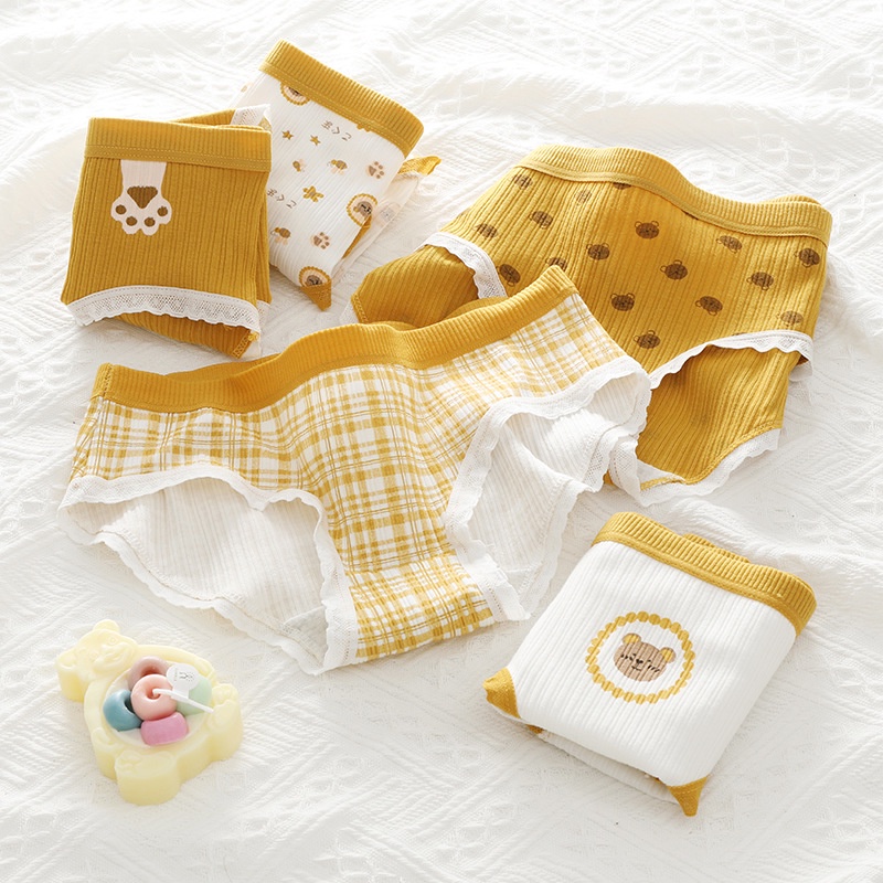 Quần Lót Cotton Nguyên Chất Kháng Khuẩn Lưng Vừa Họa Tiết Gấu Hoạt Hình Cho Nữ