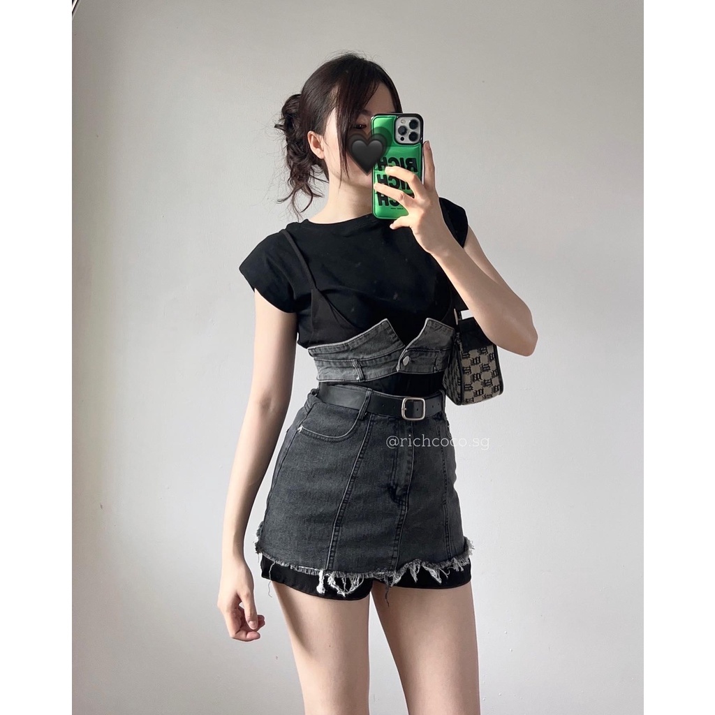 Quần thun ĐEN phối jeans XÁM