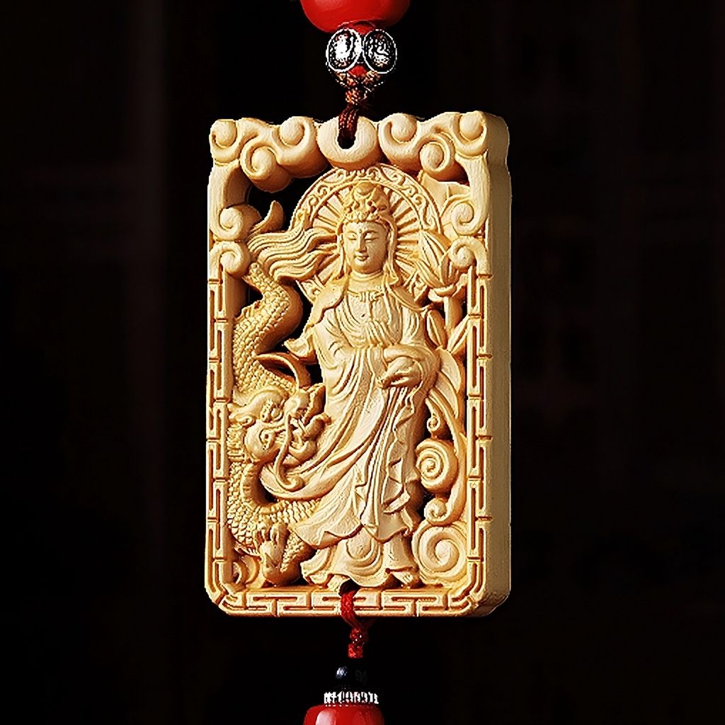 Dây Treo Trang Trí Ô tô Mặt Gỗ Khắc Rỗng, Hình Quan Âm Bồ Tát, Khánh Treo Xe Hơi Ô tô Phong Thủy 4
