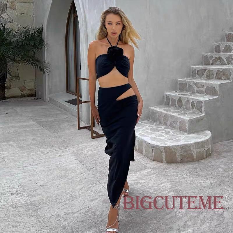 Set Đồ Mùa Hè 2 Món Gồm Áo Hai Dây Buộc Cổ Buộc Dây Màu Trơn + Chân Váy Dài Họa Tiết Hoa Màu Trắng / Đen Cho Nữ