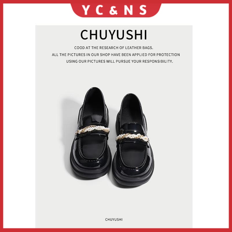 CHUYUSHI black small leather shoes for women British Swiss retro thick-soled Pearl round toe slip loafers leather shoes in stock new flat loafers British y1ds
