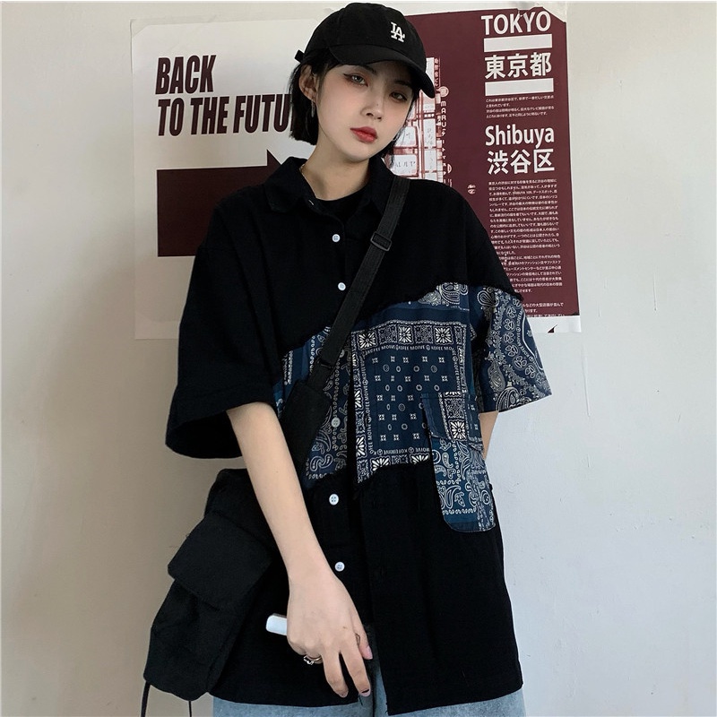 Áo Sơ Mi Tay Ngắn Cổ Bẻ In Họa Tiết Vintage⚡áo sơ mi nữ ngắn tay ⚡áo kiểu hàn quốc