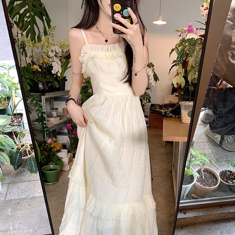 Đầm Hai Dây Eo Cao Màu Trắng Ánh Trăng Phong Cách Pháp Cổ Điển Thời Trang Cho Nữ