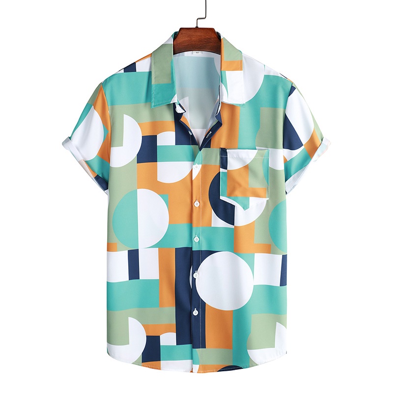 Áo Sơ Mi Tay Ngắn Dáng Rộng In Họa Tiết Hình Học / Màu Đen / Xanh Lá / Trắng Cài Nút Thời Trang Đường Phố Cho Nam