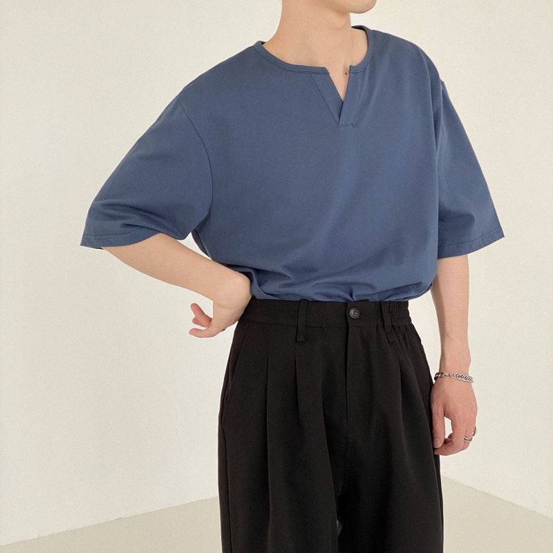 Áo Thun Nam Tay Ngắn Cổ Chữ V Màu Trơn Phong Cách Hàn Quốc Thời Trang Mùa Hè Mới