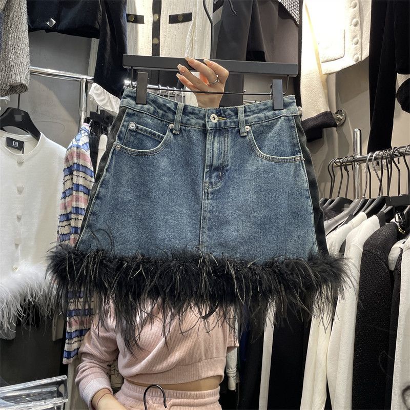 Chân Váy Denim Lưng Cao Dáng Chữ A Phối Lông Vũ Phong Cách Hàn Quốc Thời Trang Mùa Xuân Mới 2023114553