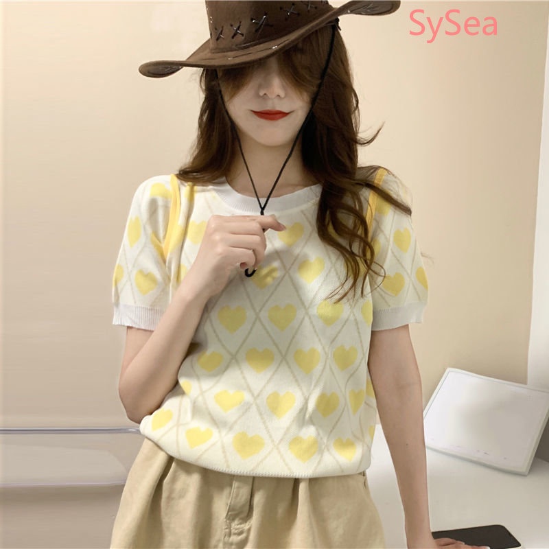 Áo Dệt Kim Cổ Tròn Họa Tiết Trái Tim Thời Trang Mùa Hè Pháp Cho Nữ