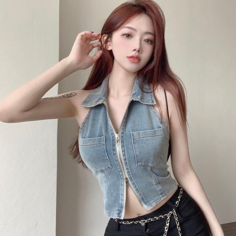 IELGY  Áo denim Hai Dây Ngắn Có Khóa Kéo Phong Cách Âu Mỹ Cho Nữ