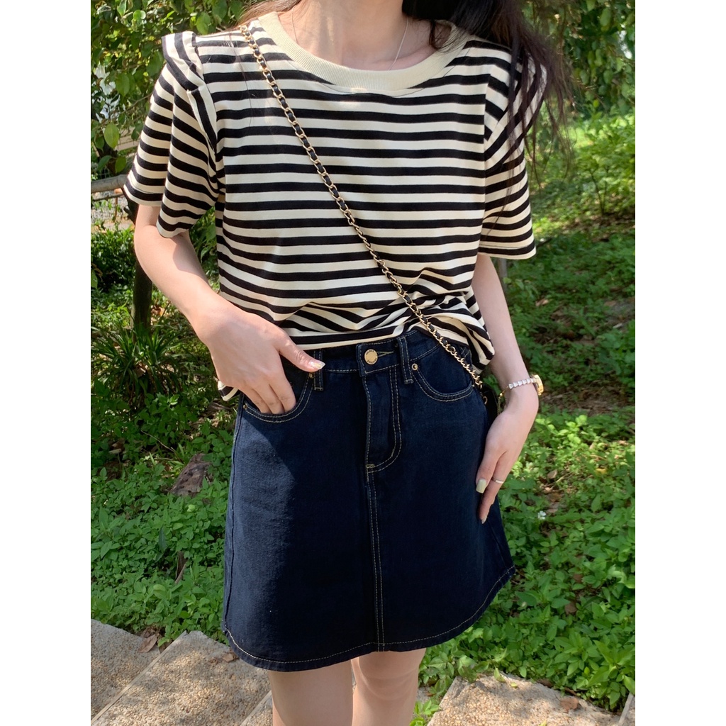 Áo thun SUXI tay ngắn cổ tròn dáng rộng họa tiết kẻ sọc thời trang cổ điển dễ phối đồ cho nữ