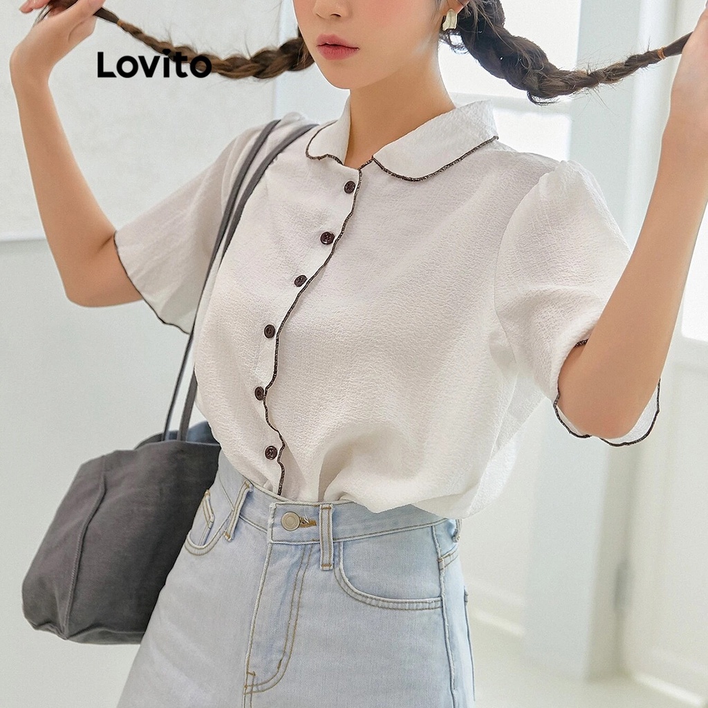 Áo kiểu Lovito Casual Contrast Binding Ngắn tay Phong cách Hàn Quốc cho nữ L35AD025 (Trắng)