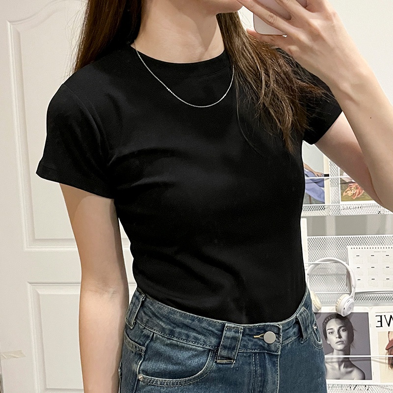 Áo thun SUXI cotton tay ngắn cổ tròn dáng ôm phong cách tối giản thời trang mùa hè cho nữ