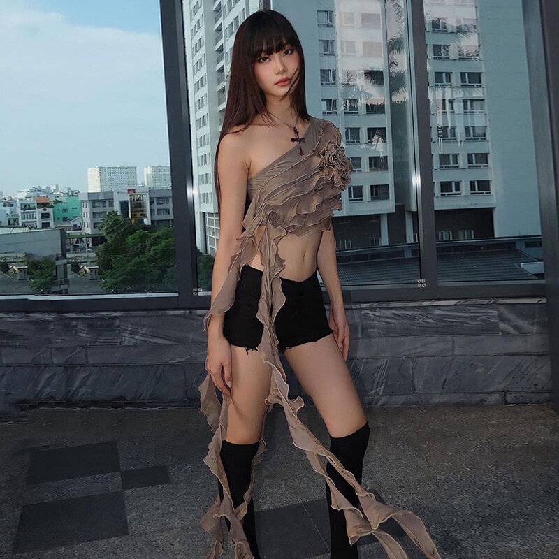 Áo Hai Dây Mỏng Ghép Vải In Hoa 3D Phối Bèo Thời Trang Mùa Hè Cho Nữ Y2K