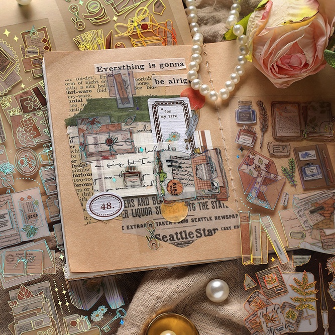 Set 3 tấm sticker PET lấp lánh mẫu các loại văn phòng phẩm lấp lánh