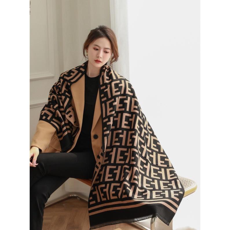 Khăn choàng cổ nữ cashmere FF sang chảnh, khăn quàng cổ nam nữ chất len mềm mịn