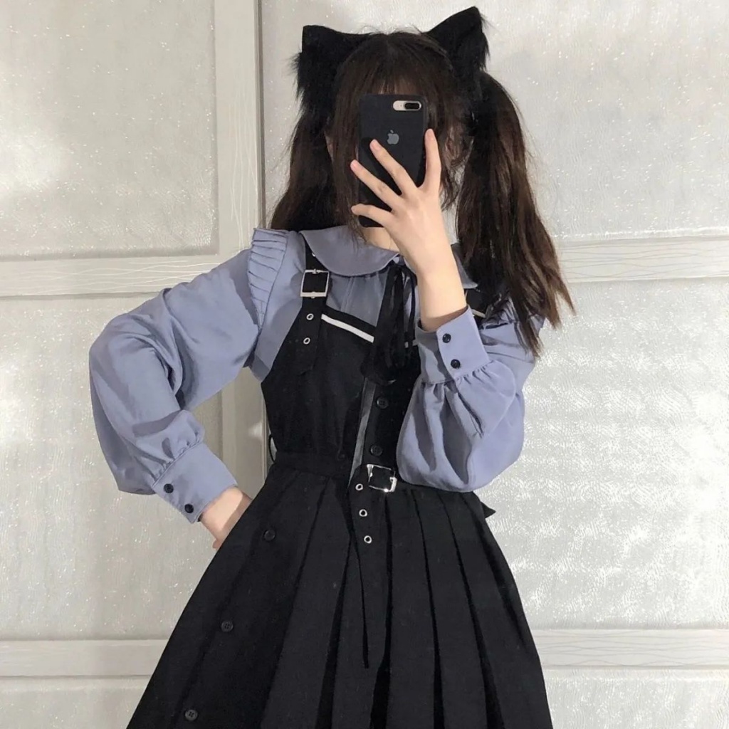 Bộ Đầm Cổ Búp Bê + Váy Yếm Đen Phong Cách Nhật Bản Thời Trang Xuân Thu Cho Nữ