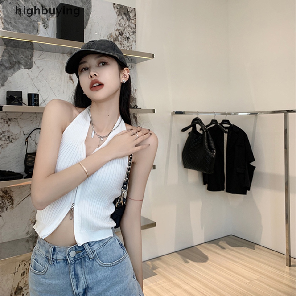 Hbvn Belle Áo Crop Top Hai Dây Cổ Chữ V Gợi Cảm Màu Trơn Phối Khóa Kéo Phong Cách Đường Phố Cho Nữ
