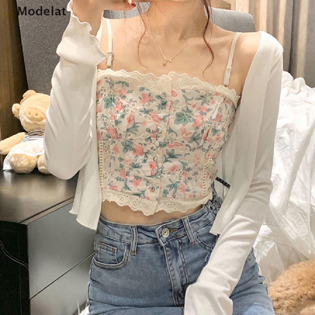 Áo Croptop Sát Nách Dáng Ôm In Họa Tiết Hoa Thời Trang Mùa Hè Xinh Xắn Cho Nữ