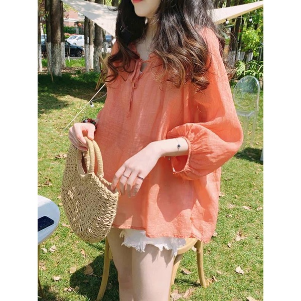 ICE cotton and linen top doll shirt cropped sleeve niche Korean style women's summer loose large size high-end cotton and linen shirt T-shirt