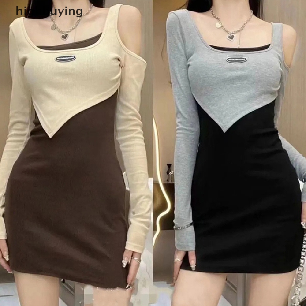 Hbvn Belle Đầm Mini Dài Tay Trễ Vai Giả Hai Mảnh Ghép Nối Kiểu Harajuku Đường Phố Gợi Cảm Cho Nữ Y2k