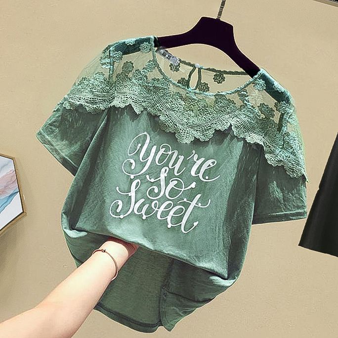 Áo Thun Tay Ngắn Phối Ren Đính Hạt Thời Trang Hàn Quốc 2023 Cho Nữ