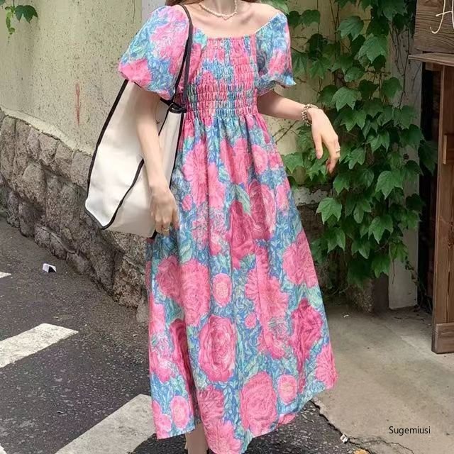 SUGEMIUSI Đầm Tay Phồng Cổ Vuông Họa Tiết Hoa Phong Cách Pháp Thời Trang Mùa Hè Cho Nữ