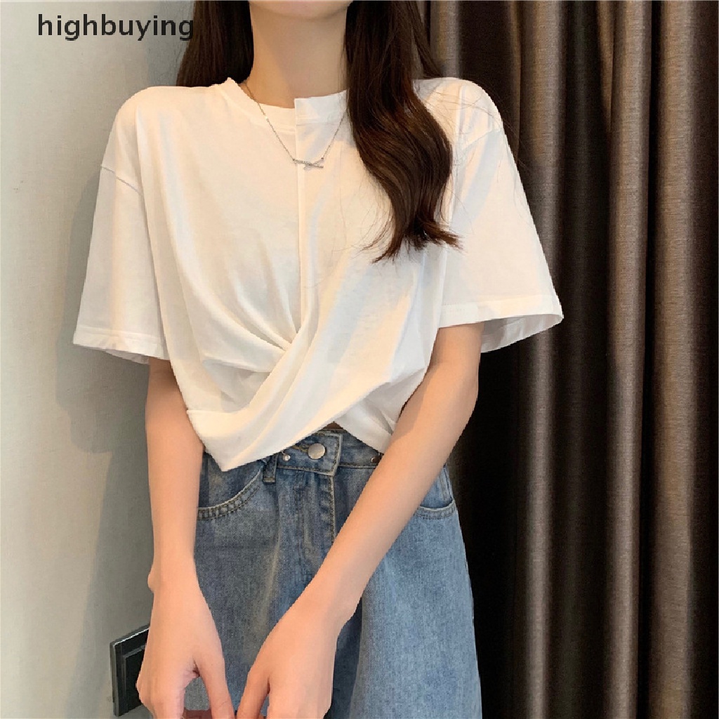 Áo Thun Lửng Ngắn Tay Cổ Tròn Vạt Chéo Thời Trang Nữ Tính