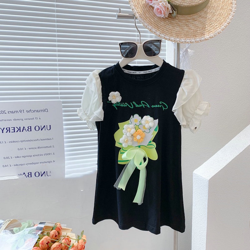 Đầm Thun Dài Thắt Nơ Tay Bay Ba Chiều Thời Trang Mùa Hè Mới Dành Cho Bé Gái 1-6 Tuổi