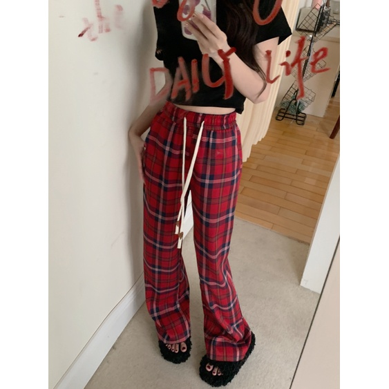 Quần Dài Ống Rộng Họa Tiết Sọc Caro Thiết Kế Mới Thời Trang Mùa Hè Theo Phong