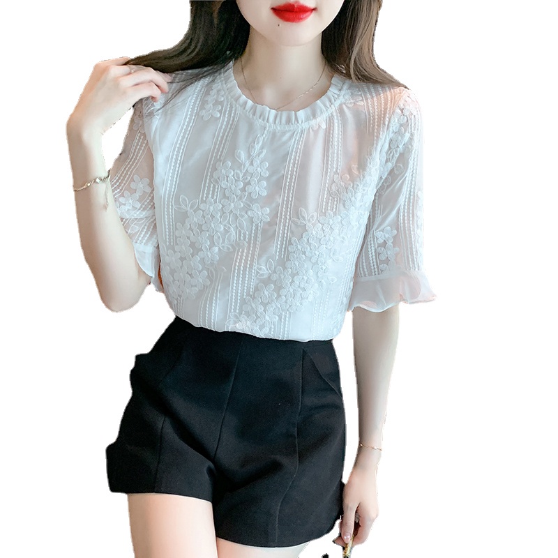 Áo Sơ Mi Chiffon Tay Loe Màu Trắng Thời Trang Mùa Hè Phong Cách Hàn Quốc Dành Cho Nữ